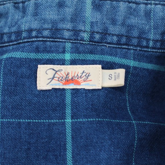 Faherty Windowpane Cotton Shirt Indigo Blue Green Plaid Button-Up Small - Picture 7 of 7